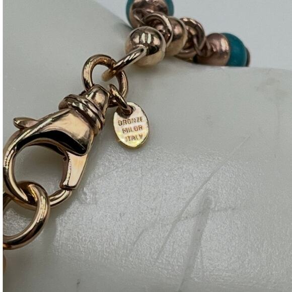 Milor Bronze Italy Faux Blue Turquoise Beaded Dangle Rose Tone Bracelet - Picture 5 of 8